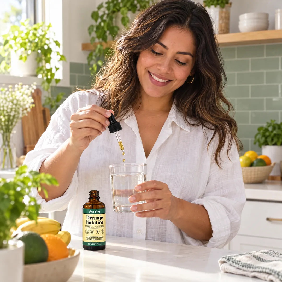 Mujer en su cocina tomando las gotas con agua