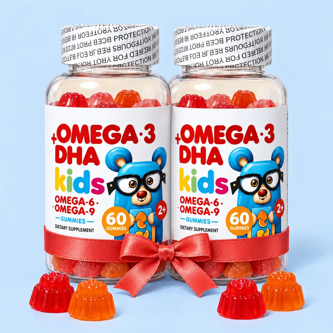 Dos frascos de Omega 3 + DHA Kids unidos con un moño