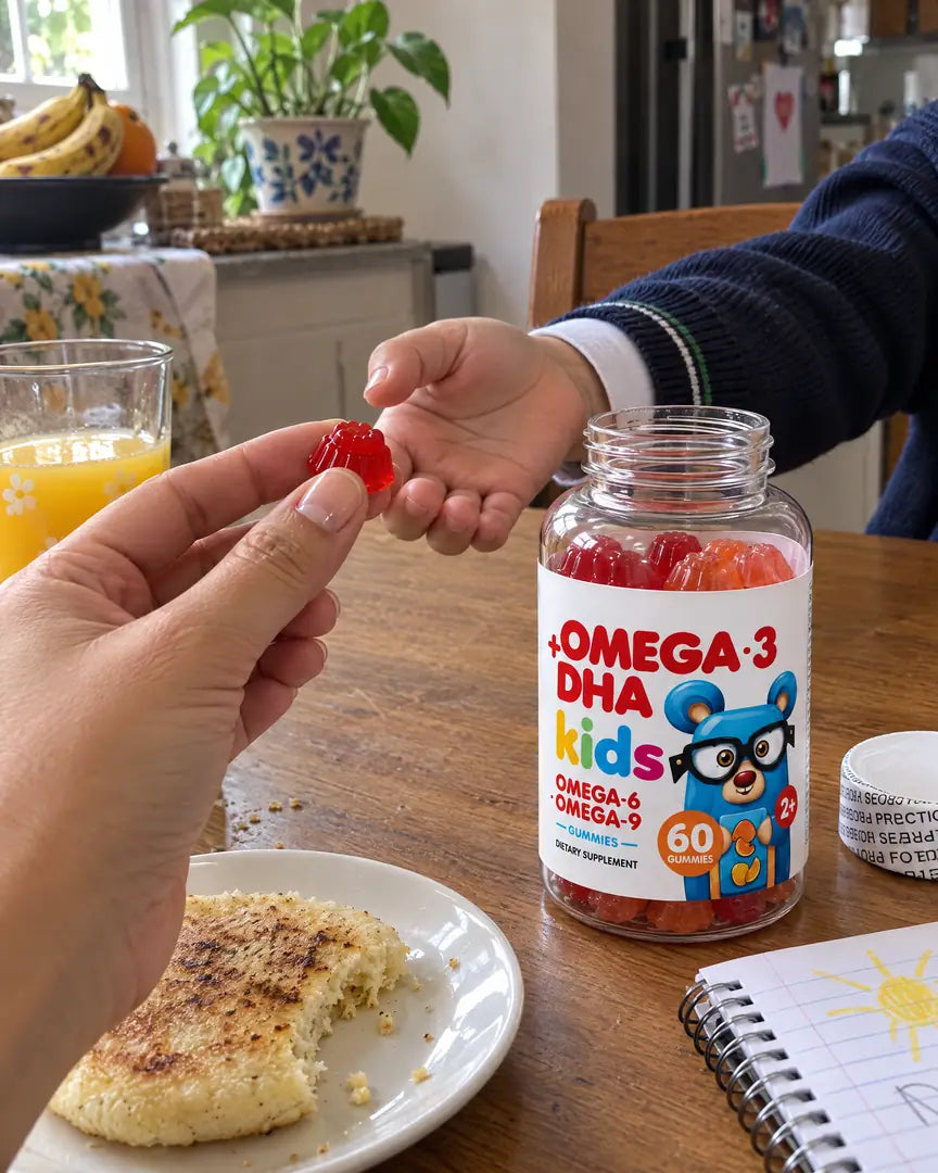Mamá entregándole una gomita a su hijo en la mesa del desayuno