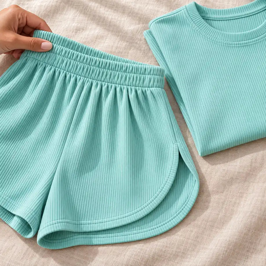 Detalle del tejido acanalado y la pretina elástica del short
