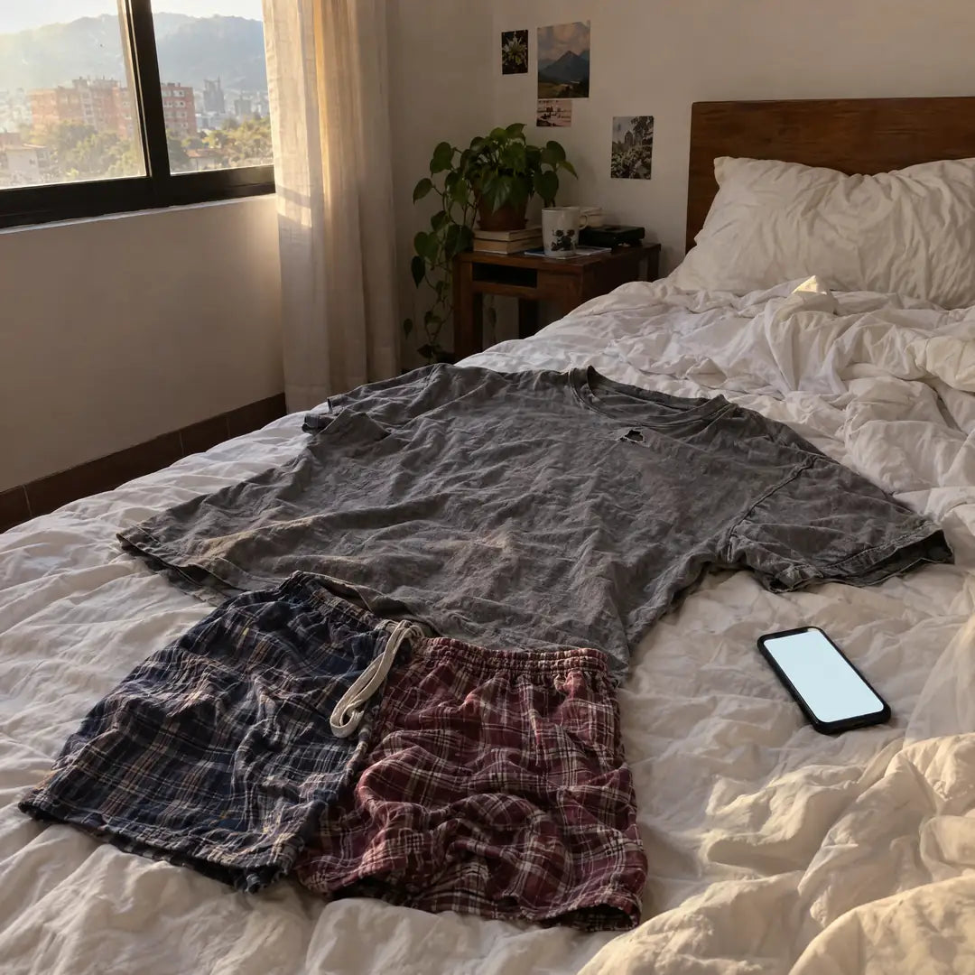 Camiseta vieja y short gastado sobre la cama