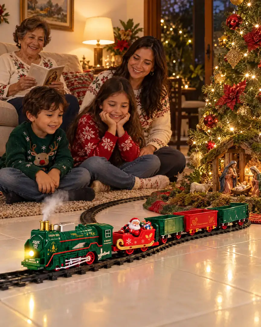 Familia en la novena mientras el tren da vueltas al árbol