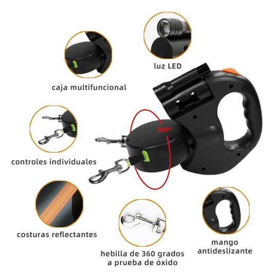 🐶 Correa Retráctil Doble PawpyCup® — Pasea a tus dos peludos sin enredos, tirones ni estrés