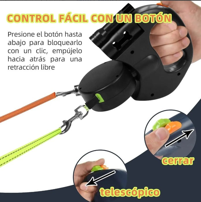 🐶 Correa Retráctil Doble PawpyCup® — Pasea a tus dos peludos sin enredos, tirones ni estrés