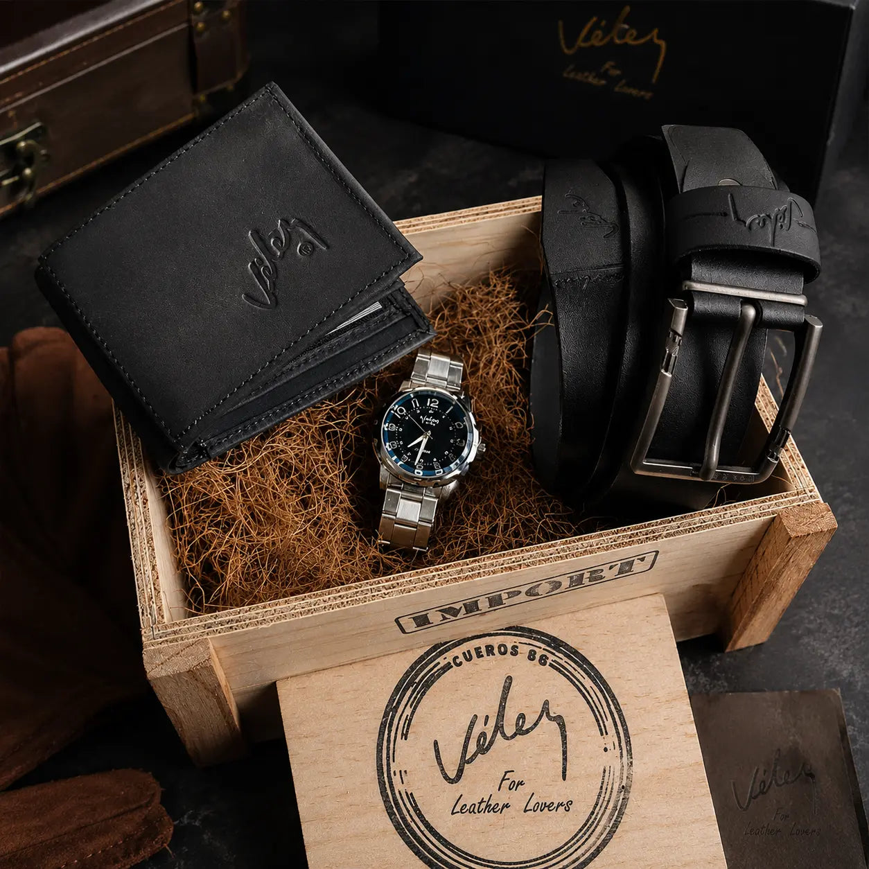 ✨ Trio Vélez® Elegancia Total: Reloj + Correa + Billetera en Caja de Lujo para Hombre ⌚🧥💼
