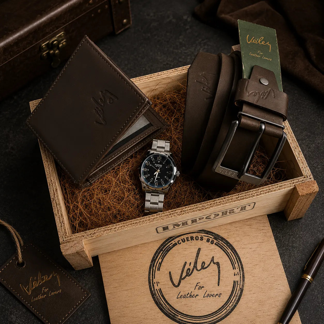 ✨ Trio Vélez® Elegancia Total: Reloj + Correa + Billetera en Caja de Lujo para Hombre ⌚🧥💼