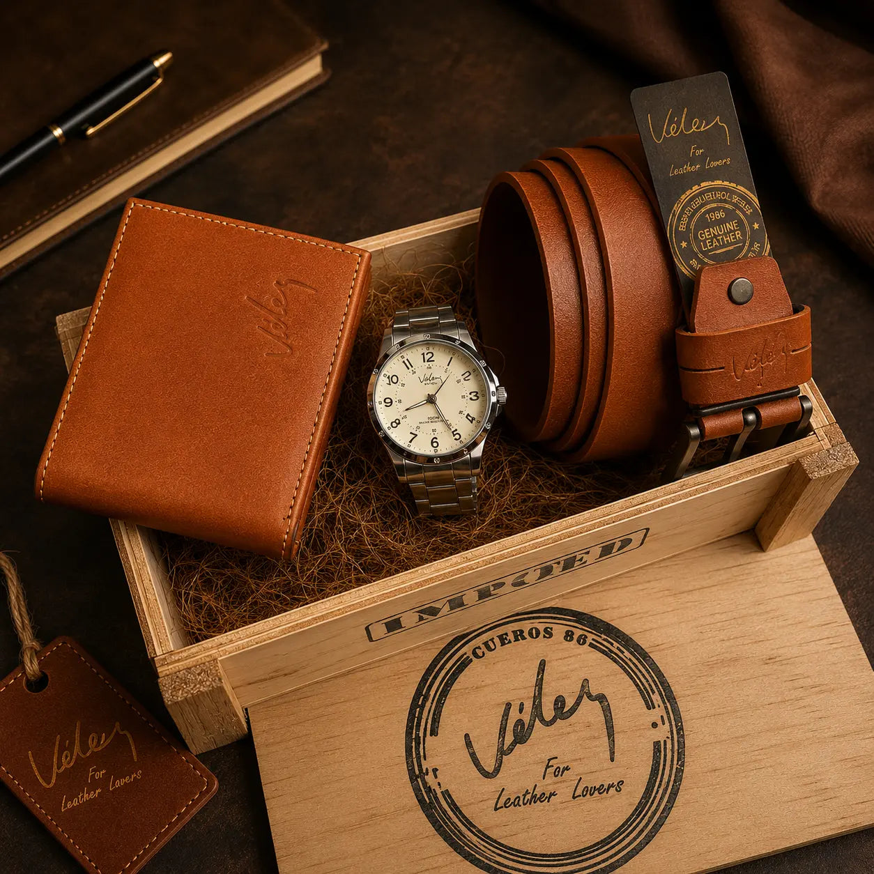 ✨ Trio Vélez® Elegancia Total: Reloj + Correa + Billetera en Caja de Lujo para Hombre ⌚🧥💼
