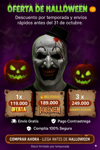 Máscara Payaso Terrifier completa + sombrero 🎩