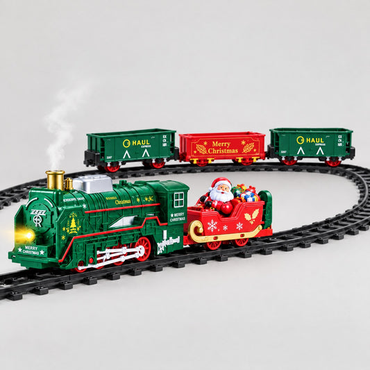 Expreso Navideño: locomotora, trineo de Santa y vagones sobre la vía