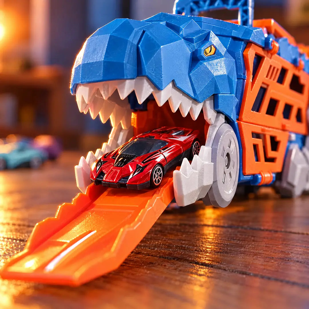 La boca del T-Rex con un carro en la catapulta