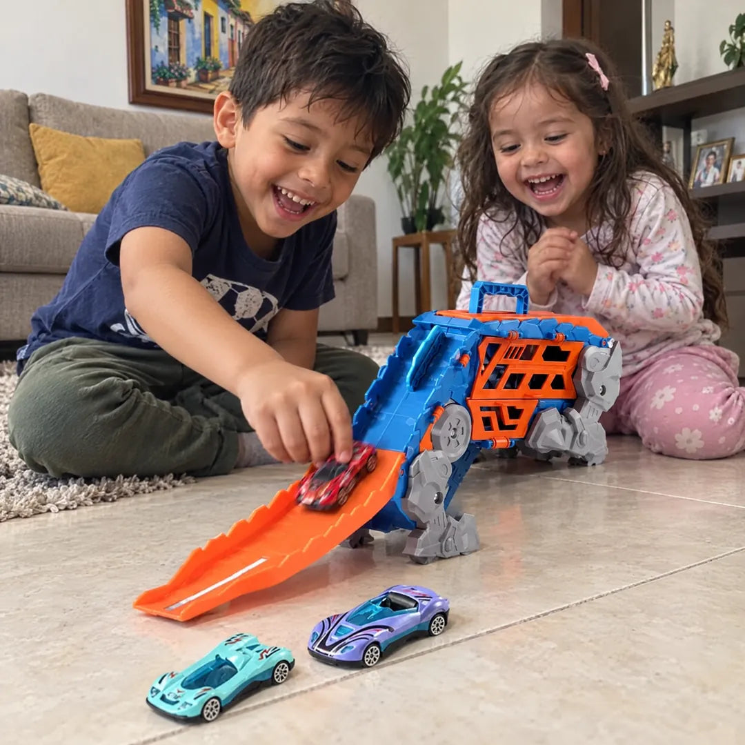 Hermanos jugando carreras con el DinoRacer X-Track
