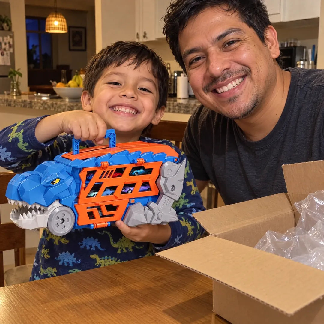 Papá e hijo abriendo el DinoRacer X-Track