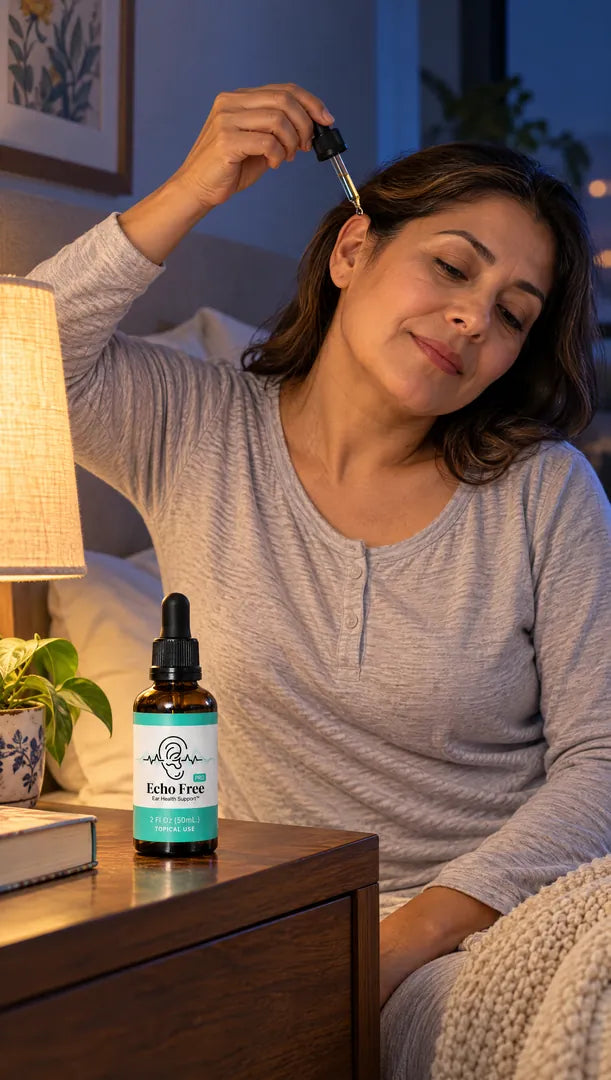 Mujer aplicando Echo Free con el gotero fuera del oído, antes de dormir