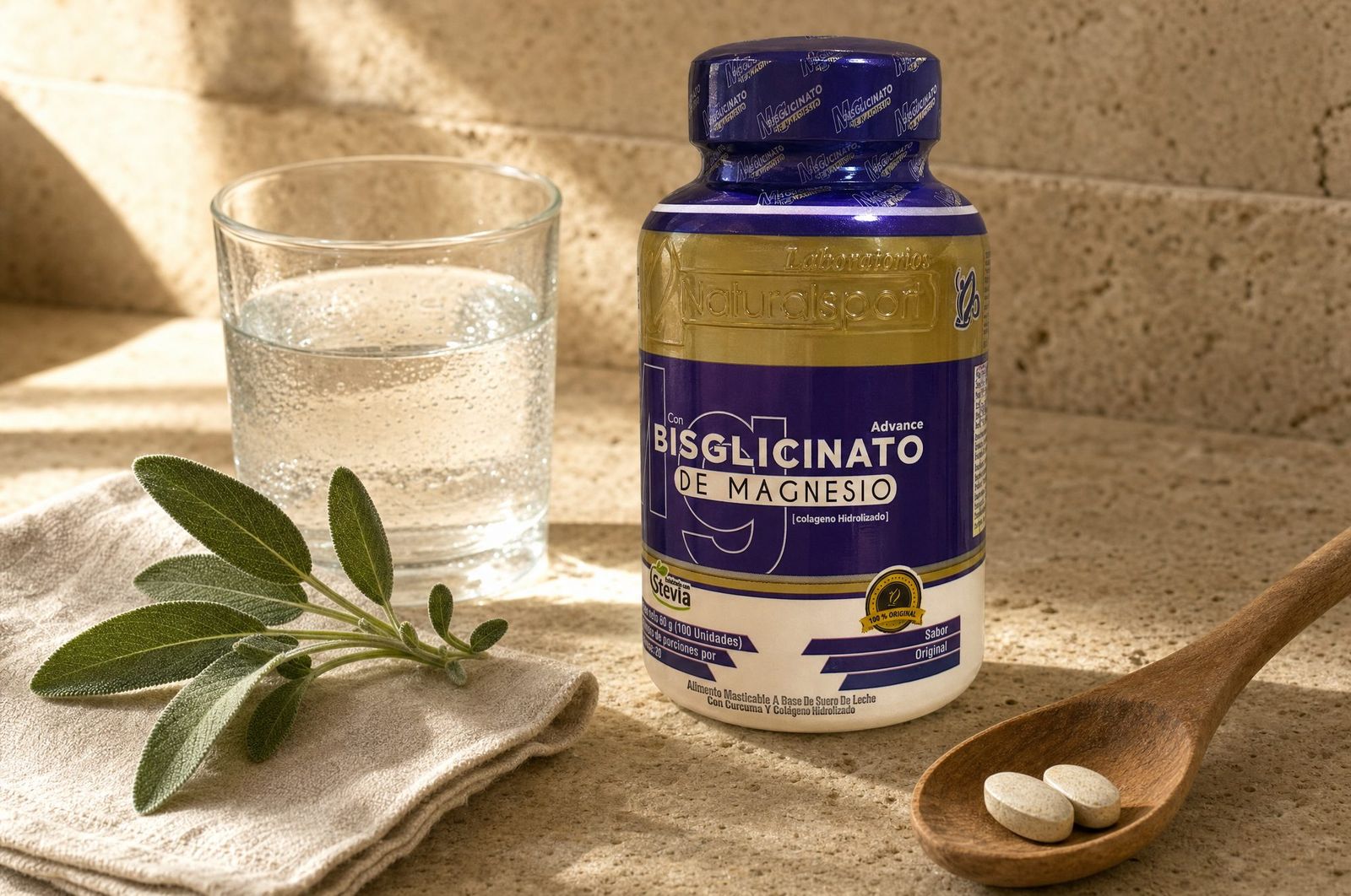 Bisglicinato de Magnesio NP en una mesa de piedra cálida, rutina de bienestar matutina