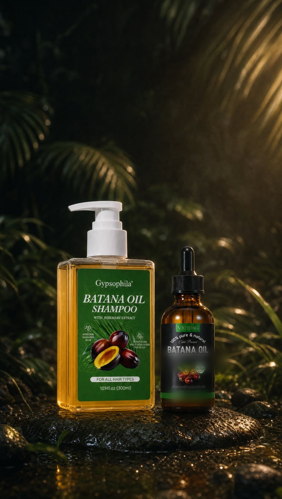 Dúo shampoo y aceite de batana entre vegetación
