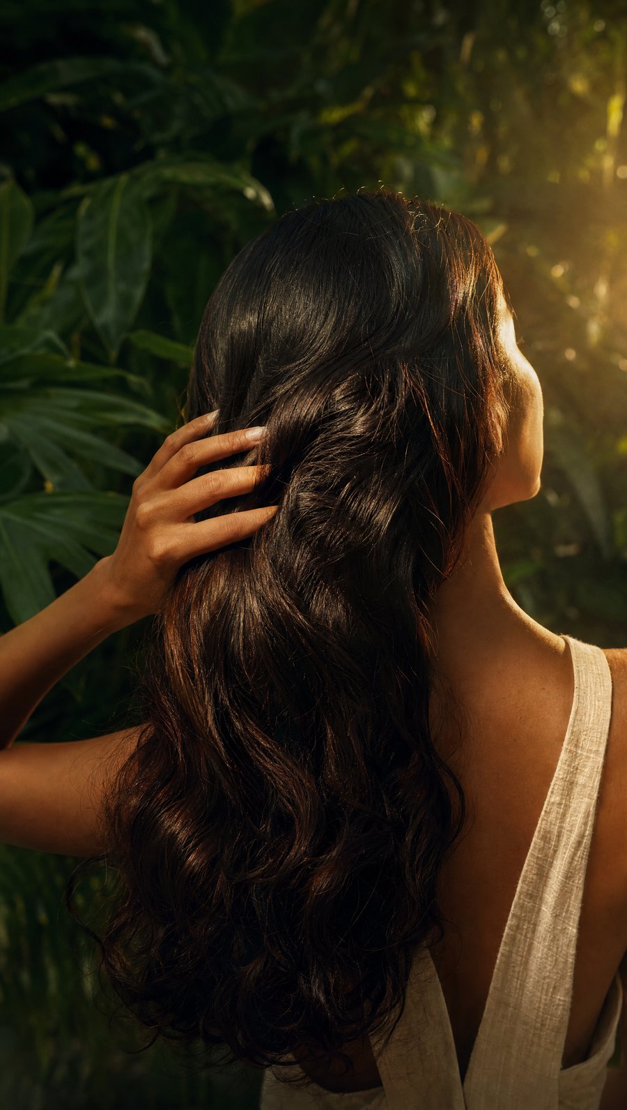 Cabello largo con brillo bajo luz cálida
