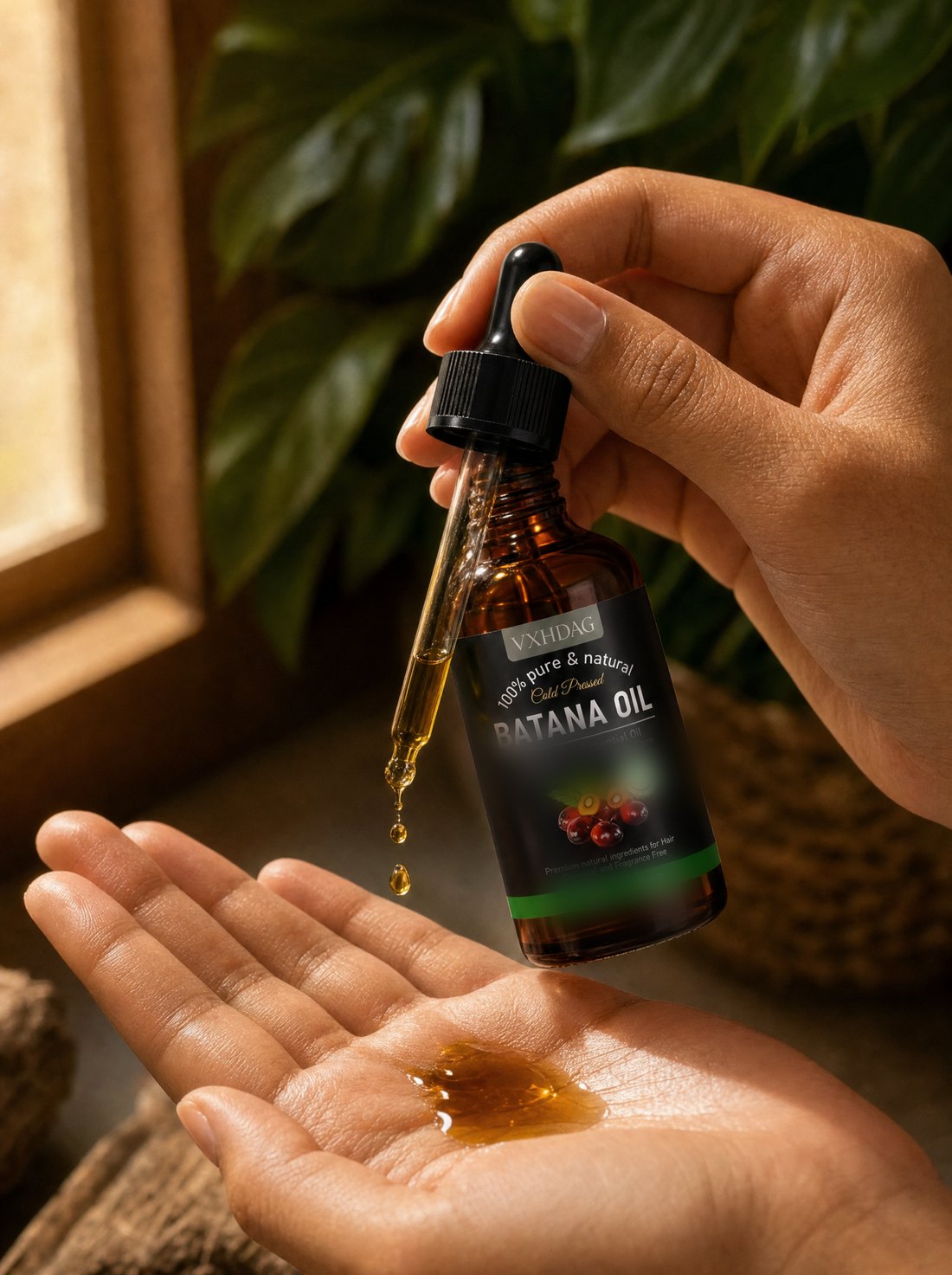 Aceite de batana servido con gotero sobre la mano