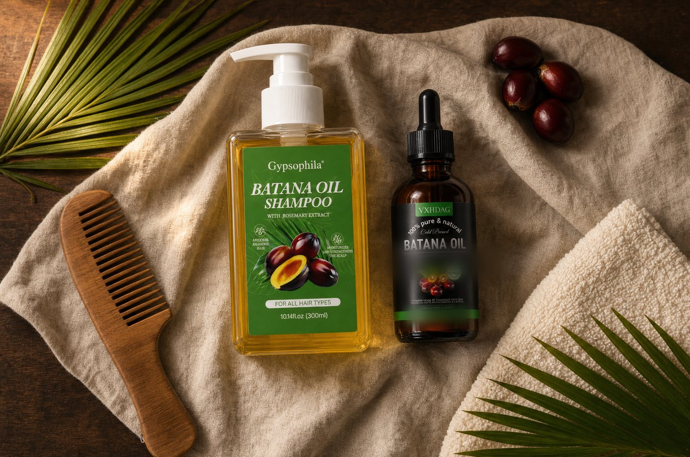 Dúo de shampoo y aceite de batana con peineta de madera