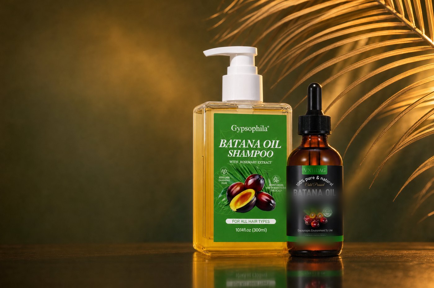 Dúo shampoo y aceite de batana sobre fondo cálido