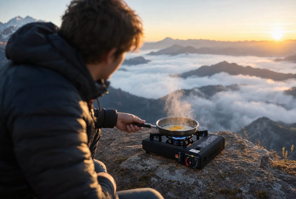Cocinando al amanecer en la montaña