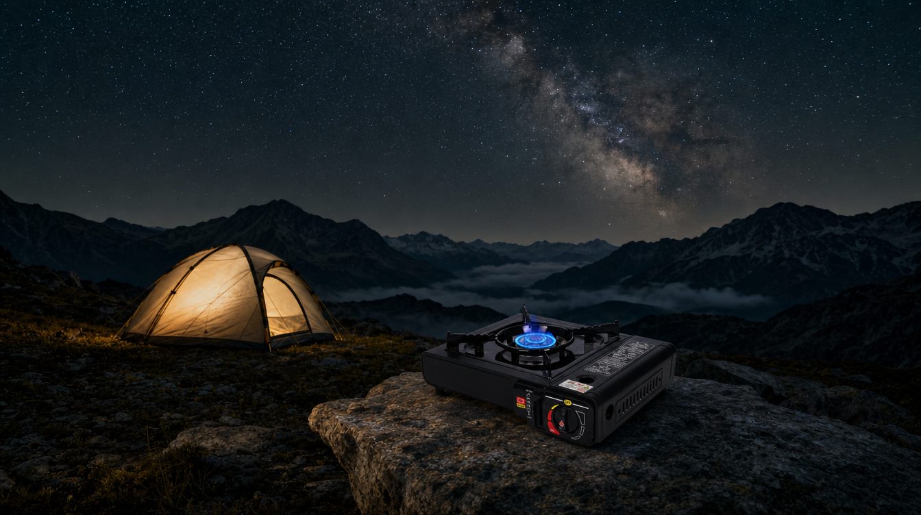 Basecamp nocturno con la estufa encendida