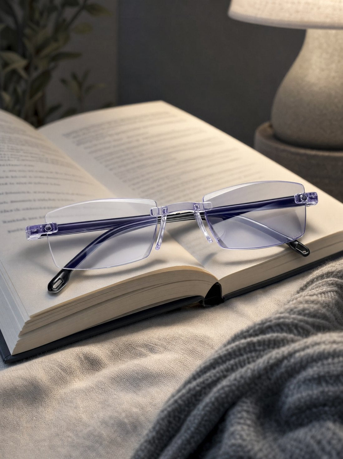 Gafas antiluz sobre un libro abierto
