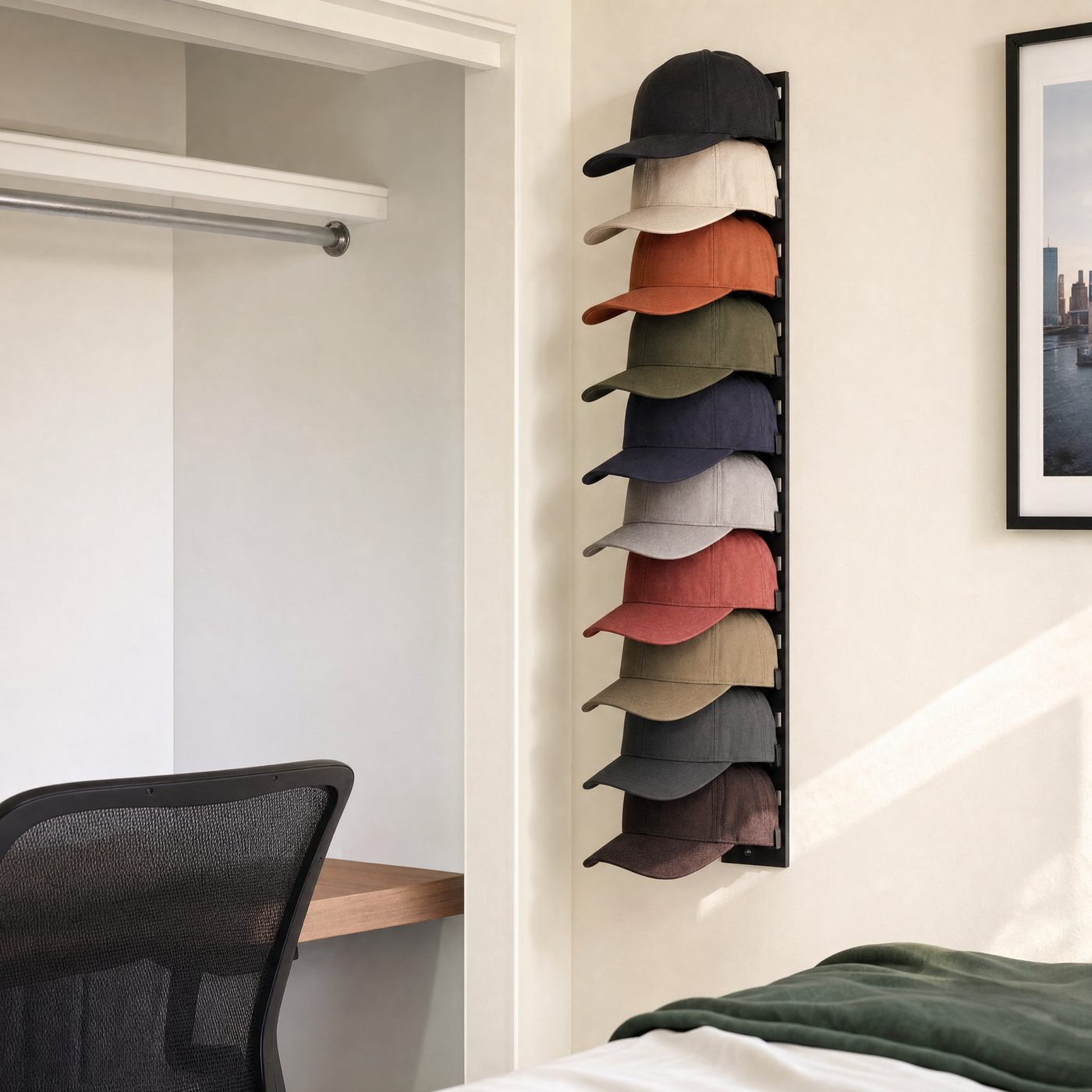 Después: gorras organizadas en columna vertical con el organizador de pared