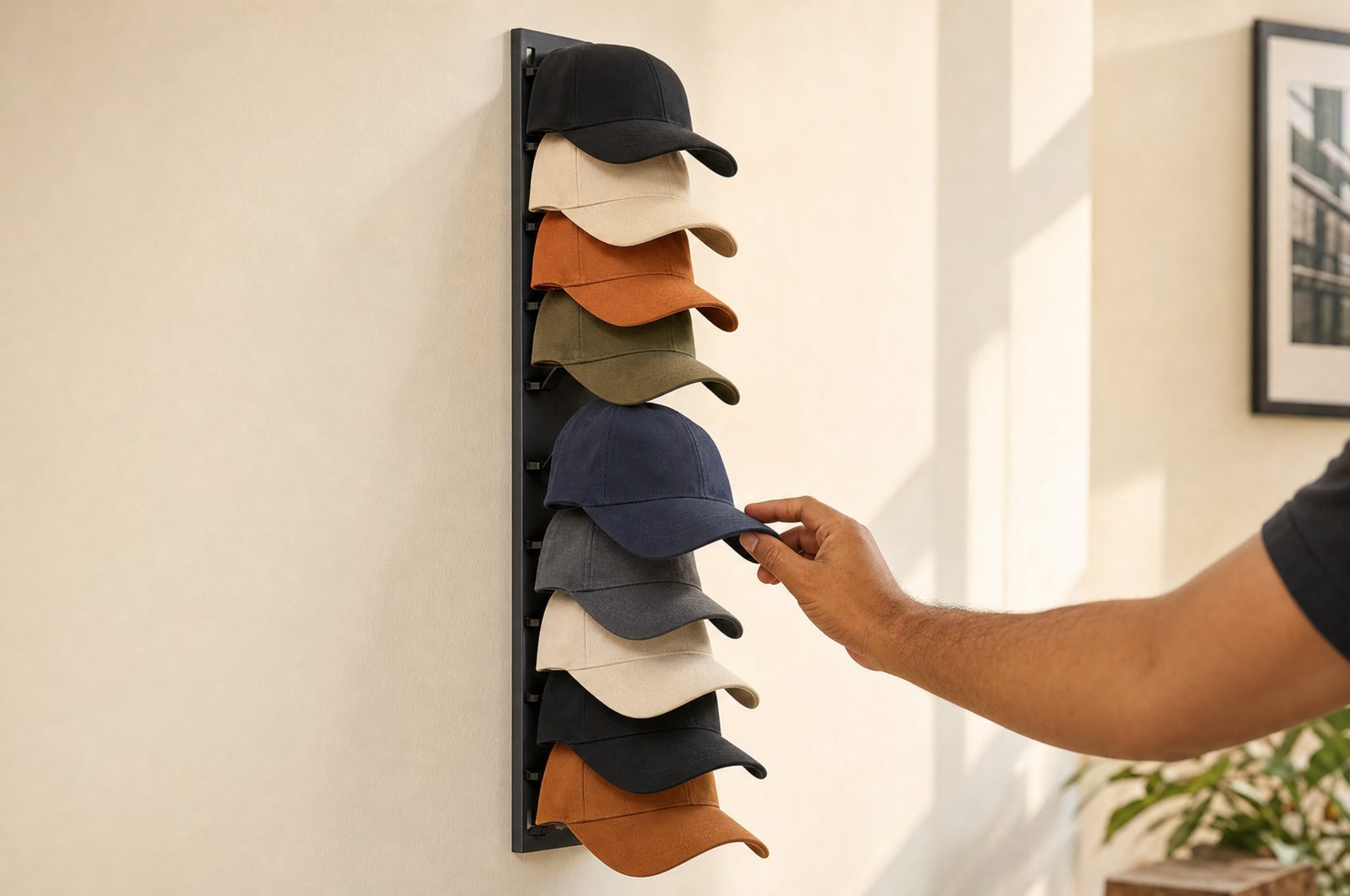 Mano tomando una gorra del organizador sin mover las demás