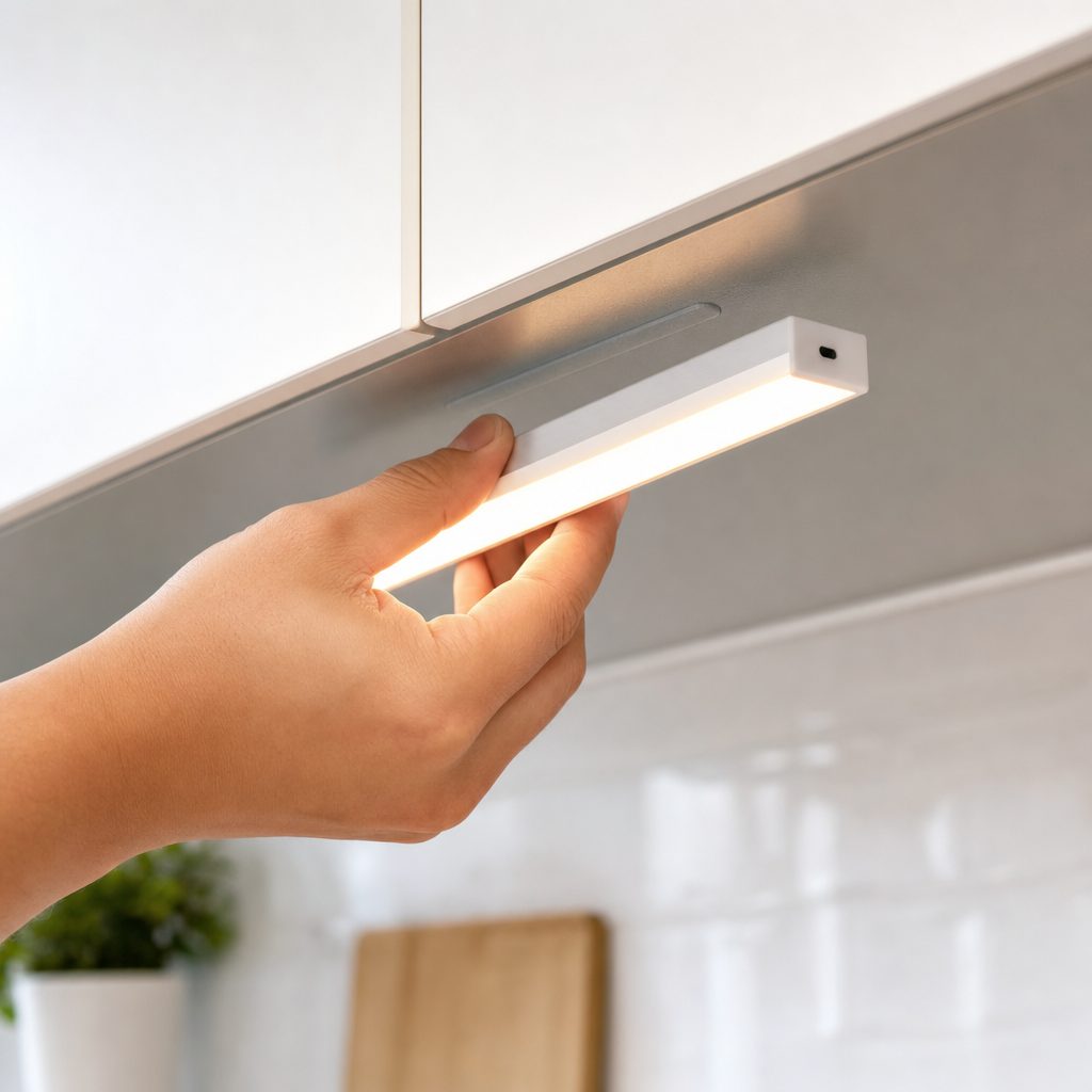 Instalación magnética de la luz LED bajo un mueble, sin herramientas