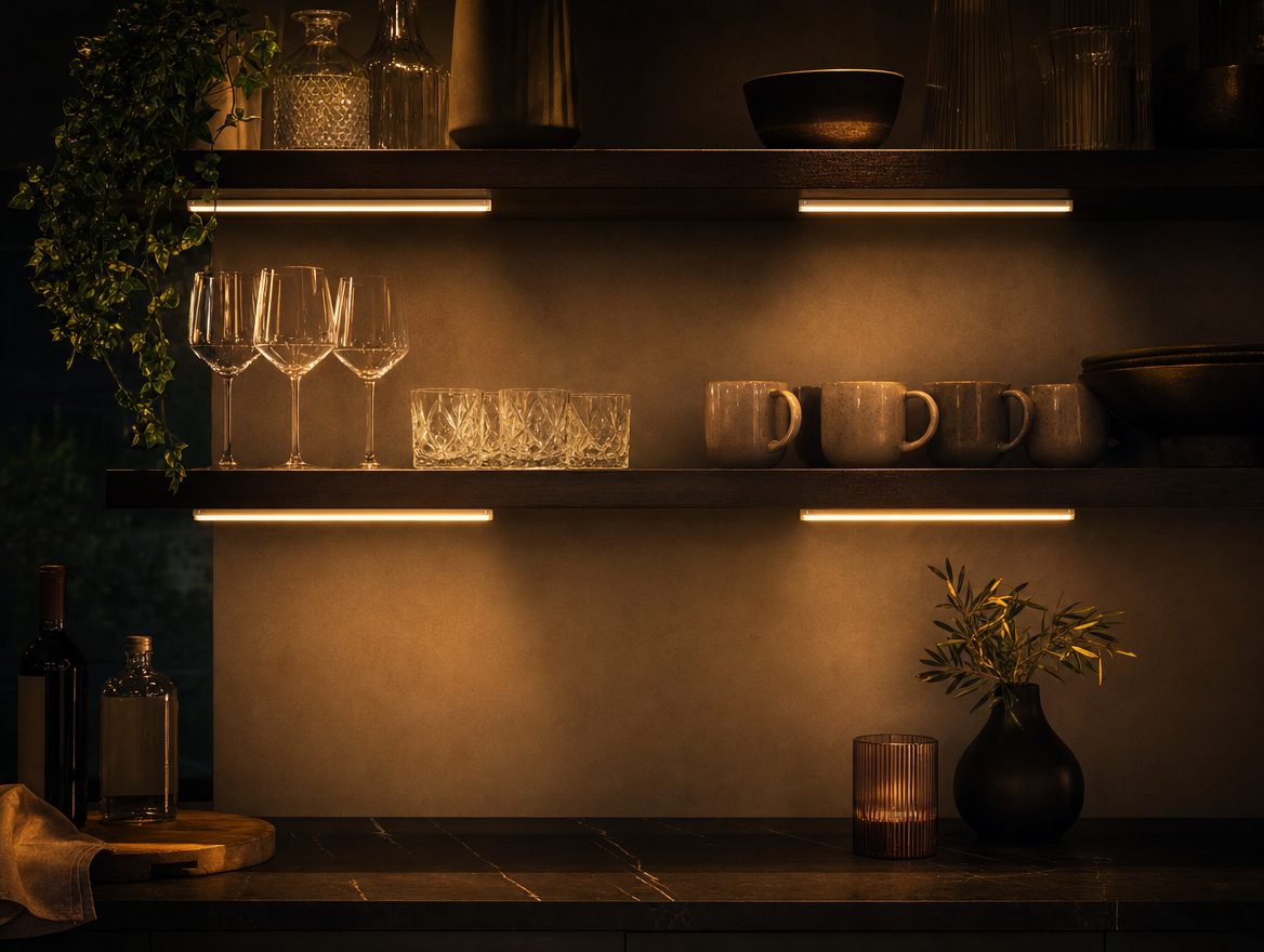 Luz LED cálida iluminando repisas de cocina de noche