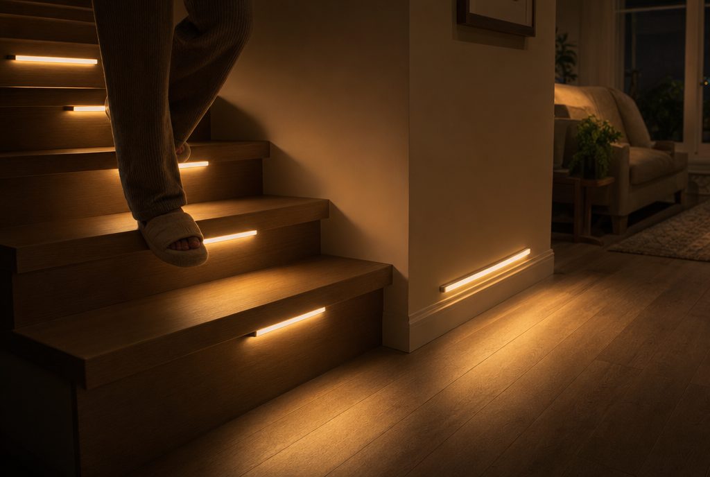 Escaleras de la casa iluminadas de noche con luz LED cálida