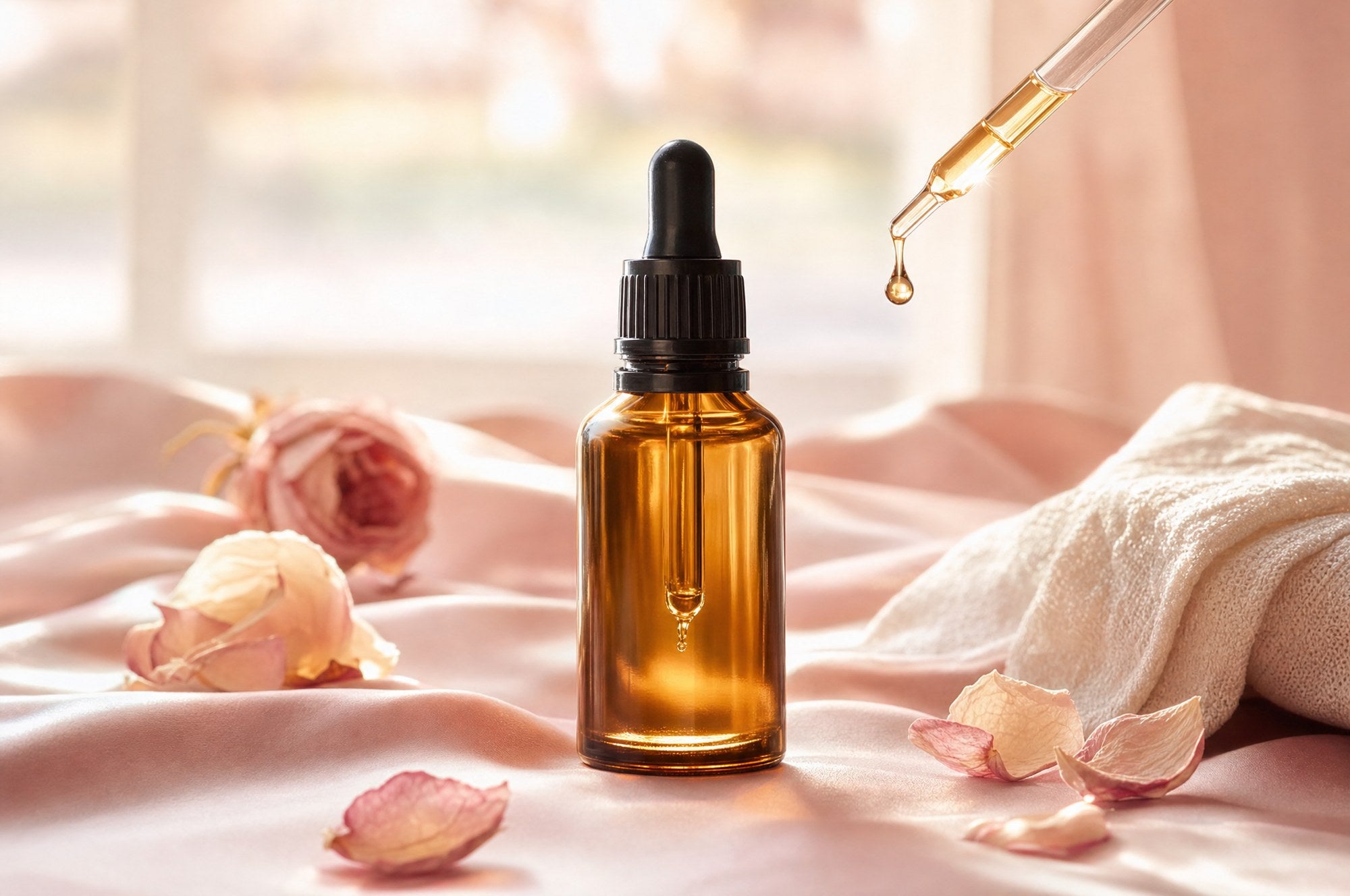 Suero Cuidado de Uñas, ritual de belleza con gotero sobre superficie rosada