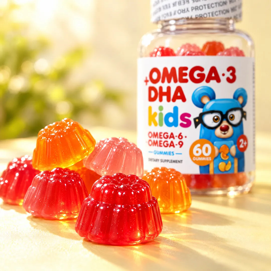 Gomitas de Omega 3 + DHA Kids a contraluz junto al frasco