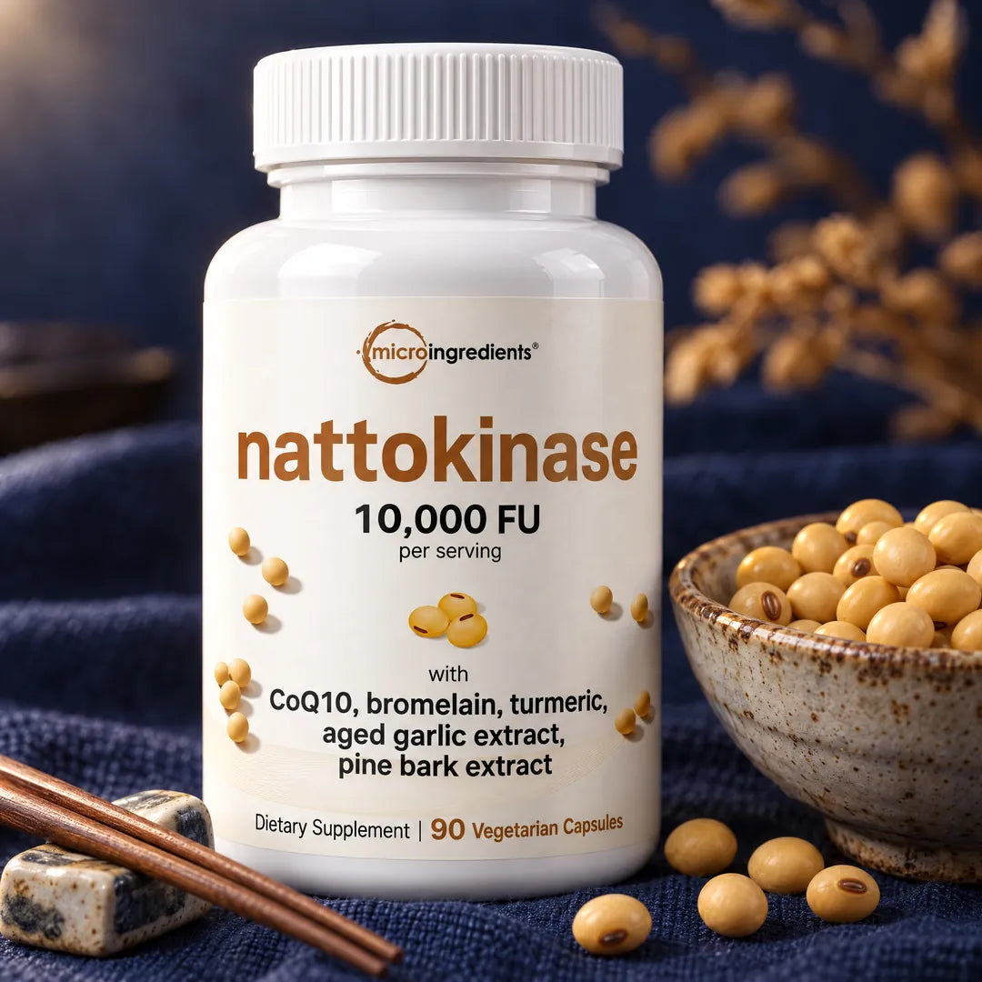 Detalle de la etiqueta de Nattokinase junto a un tazón de soya