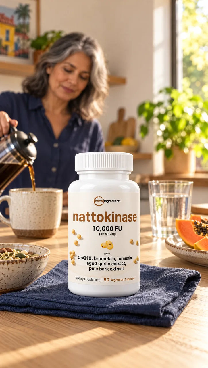 Frasco de Nattokinase 10.000 FU sobre la mesa del desayuno