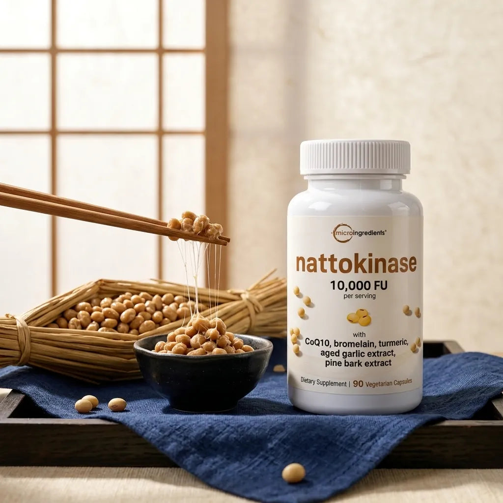 Natto con palillos junto al frasco de Nattokinase
