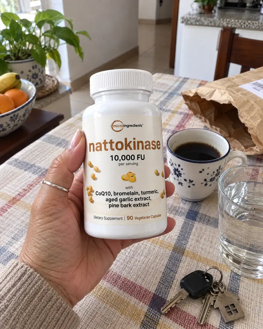 Mano sosteniendo el frasco de Nattokinase en la mesa de la cocina