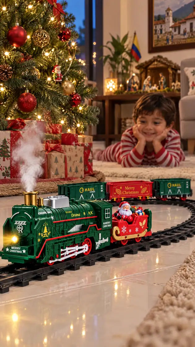 Expreso Navideño rodando junto al árbol de Navidad
