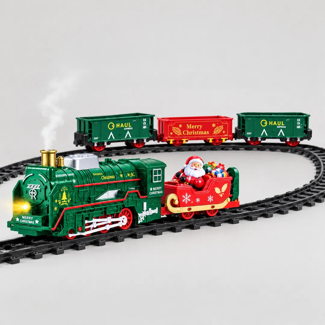 Expreso Navideño: locomotora, trineo de Santa y vagones sobre la vía
