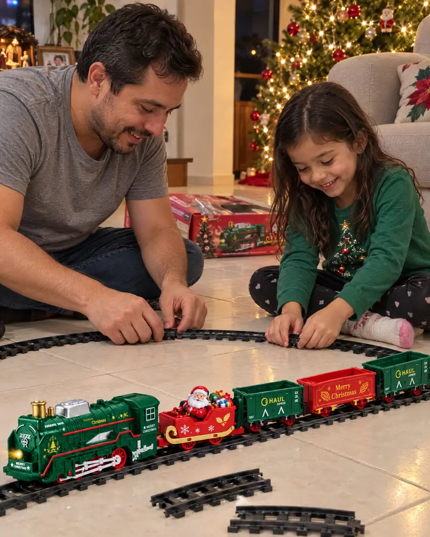 Papá e hija armando la vía del tren en la sala